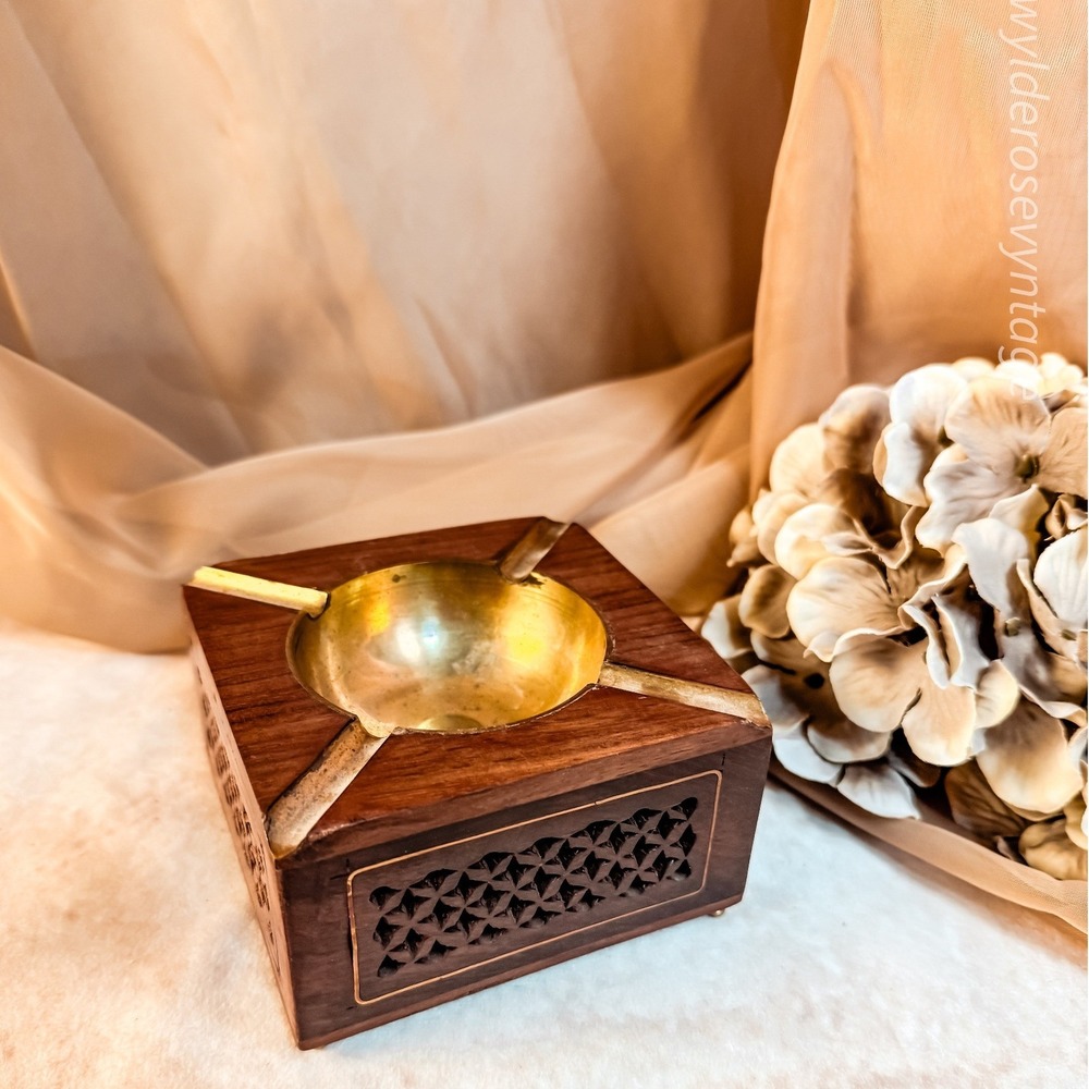 Wooden Ashtray‎ with Brass Insert